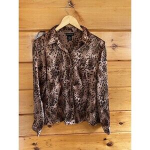 Rafaella Women’s Leopard Print Long Sleeve Silky Button Front Blouse Size 8